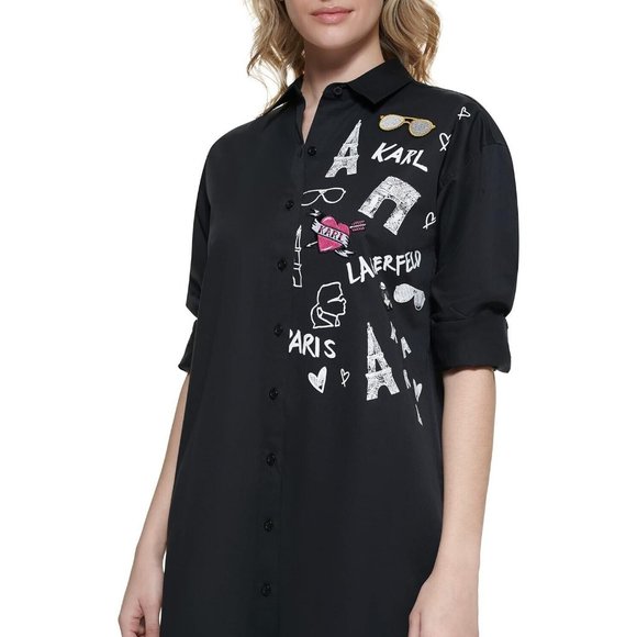 Karl Lagerfeld Paris Print and Patches Shirt / Dress Women's Size Medium - Picture 4 of 13